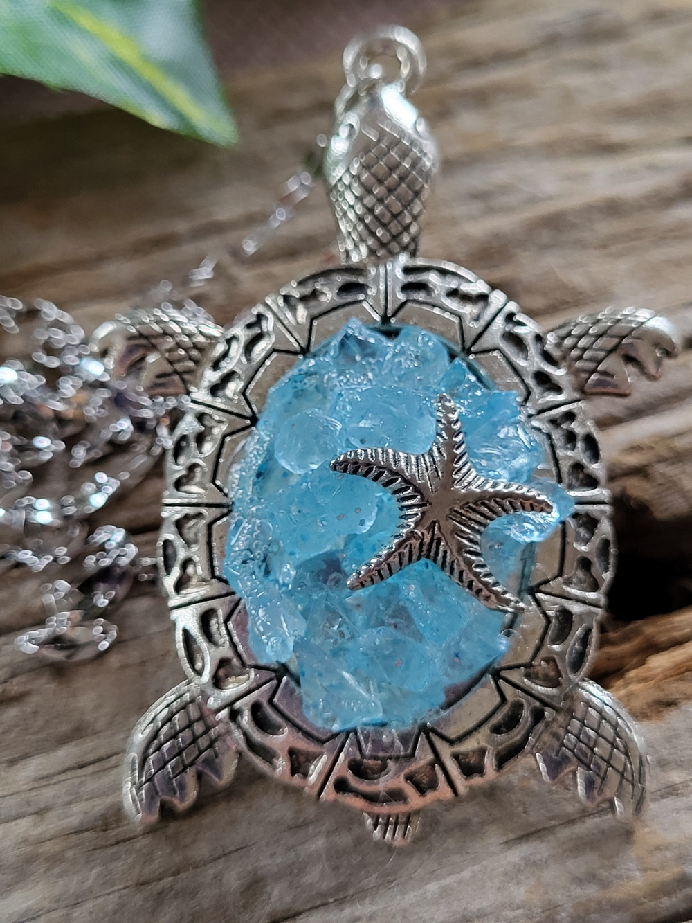 Sea Turtle Necklace with Light Blue Glass Crystals and Starfish Accent